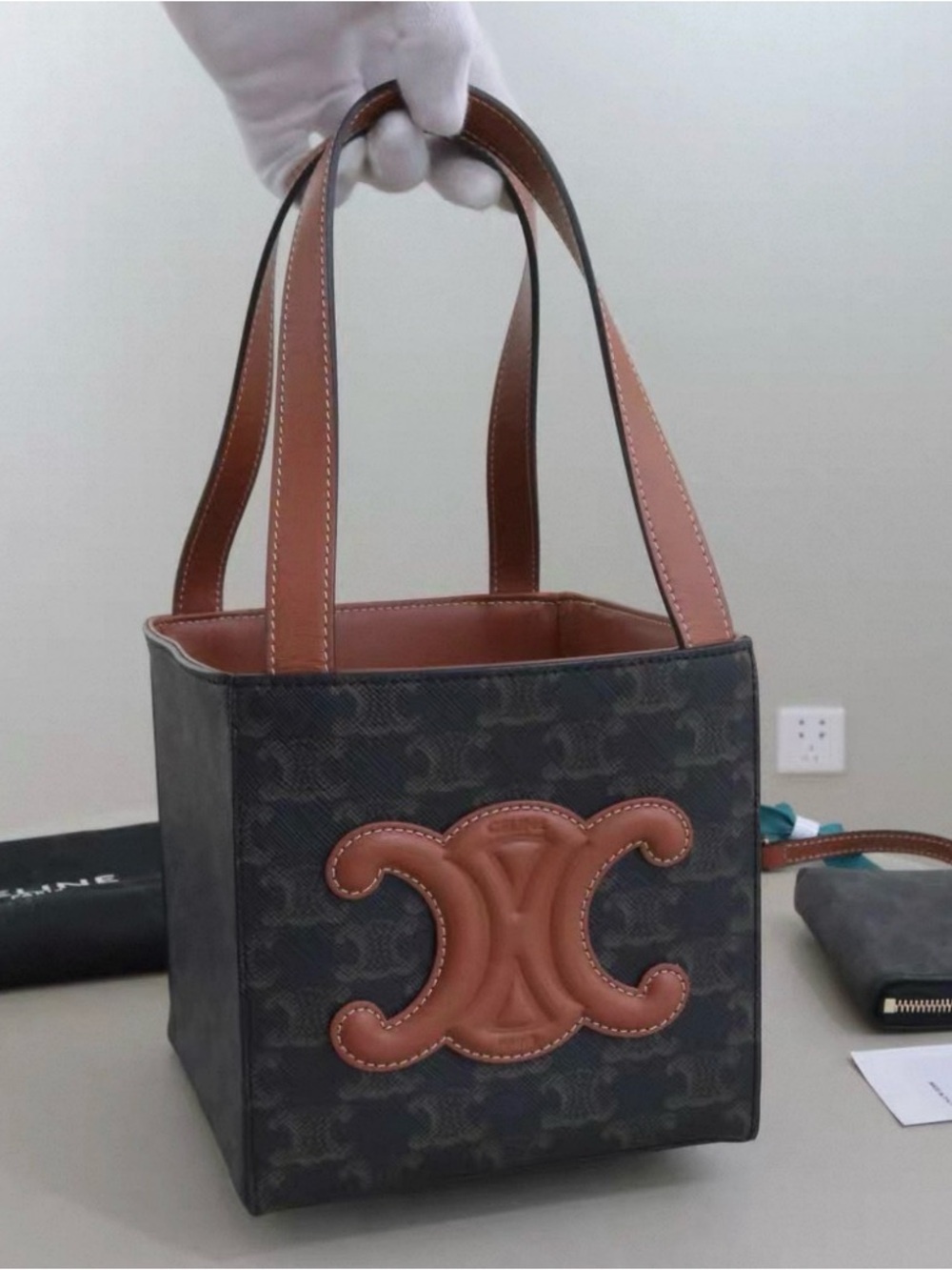 Celine Brown Leather-Trim Canvas Tote with Triomphe Emblem
